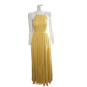 Lulus For Life Golden Yellow Embroidered Maxi Boho Flowy Dress Women XS
